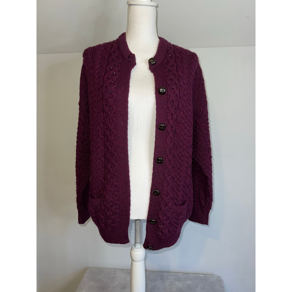 Women's Shannon Woolen Mills Cardigan M Burgundy Merino Wool